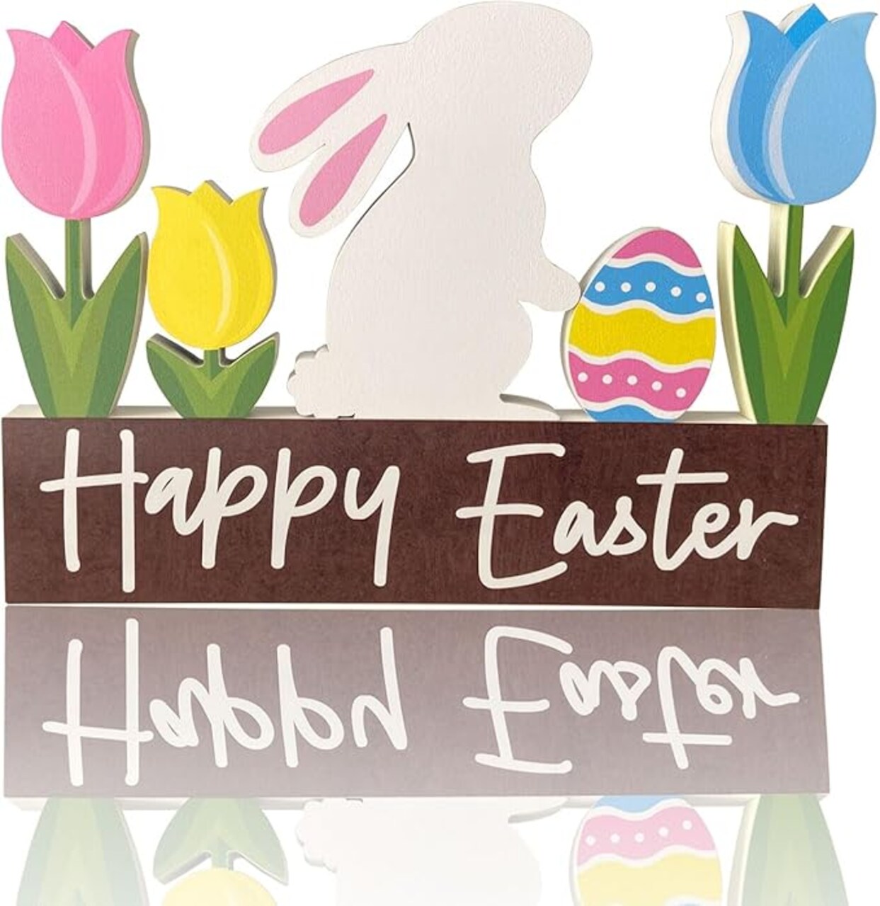 Wooden Bunny Easter Table Decorations Happy Easter Tulips Tiered Tray Decor Rustic Farmhouse Centerpiece Decor Decorative Mantle Tabletop Accent Home Office Wood Sign 6 Pcs Pink Yellow Blue White